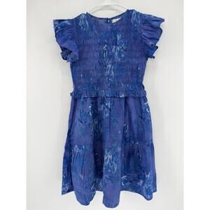 BINDU 100% Cotton Smocked Rose Flutter Sleeve Mini Dress Violet Womens Small